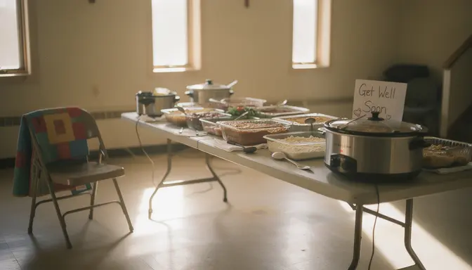 Church fellowship hall table overflowing with casseroles, a quilt, and get-well cards for the wrong person