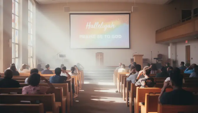 Bright projector light filling a wood-pew church sanctuary with colorful worship slides on screen