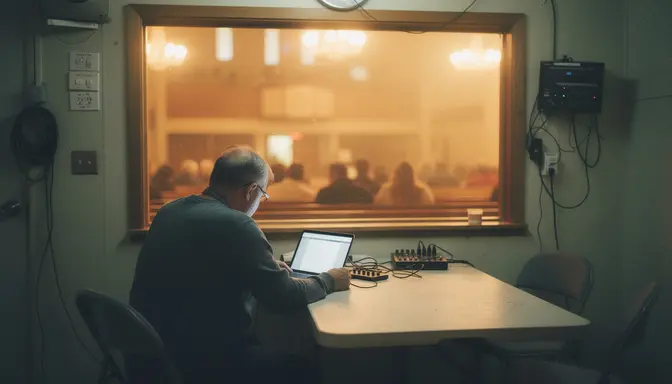 Middle-aged man sitting alone in a dim church AV booth overlooking a sunlit sanctuary from the back row