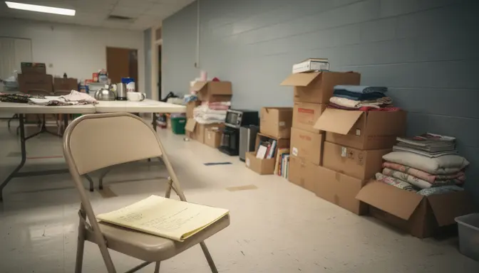 Boxes of donated church rummage sale goods stacked in a fellowship hall under fluorescent lighting
