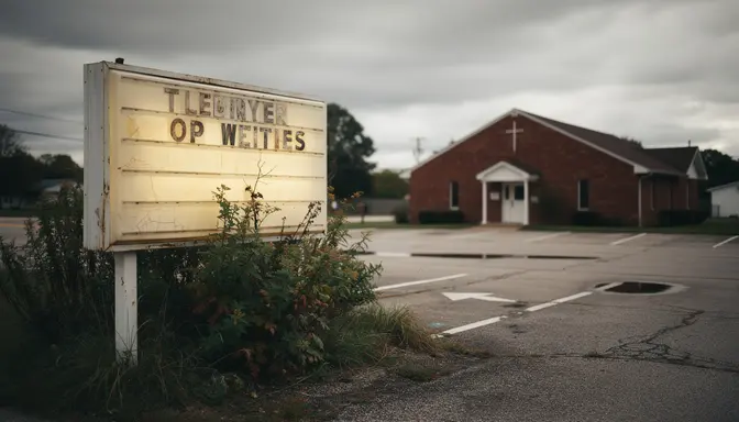 Faded weathered church marquee sign with missing letters in an empty parking lot on an overcast day