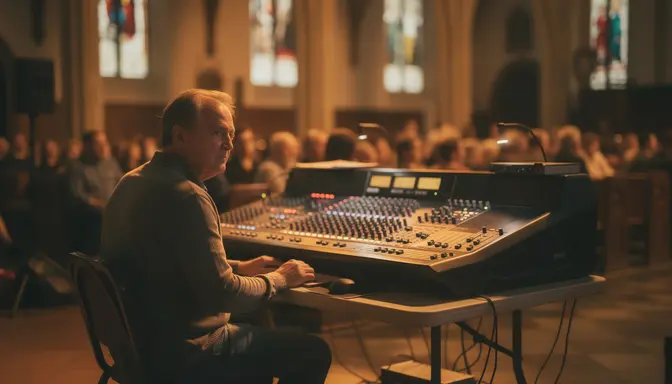 Middle-aged man alone at church sound booth mixing board, congregation blurred in background