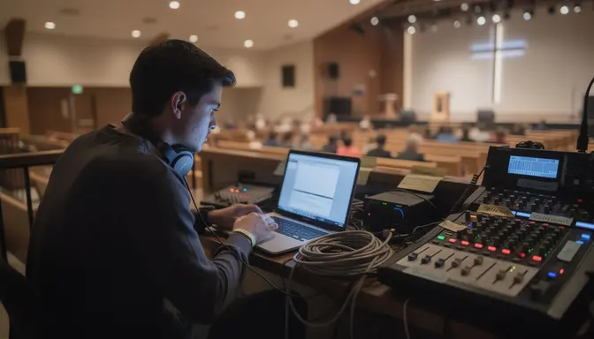 Young man in a dim church sound booth hunched over a glowing laptop, congregation visible below