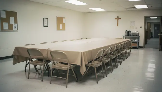 Empty church fellowship hall with neatly pressed beige tablecloths on folding tables