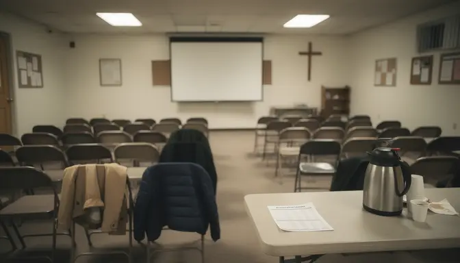 Empty church fellowship hall with folding chairs, projector screen, and untouched budget handouts on a table
