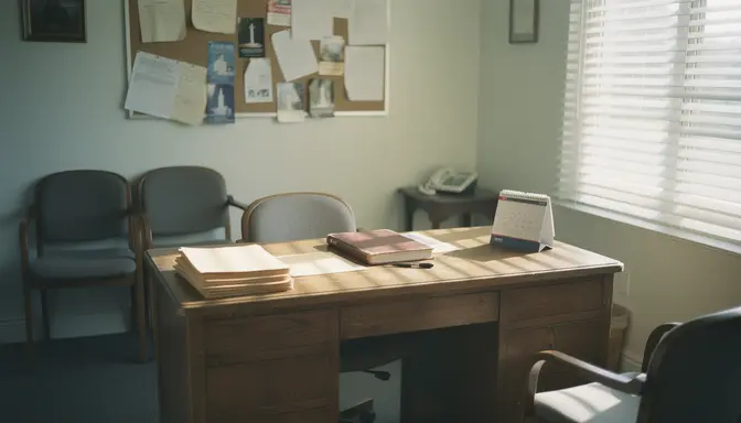 Empty church office desk with stacked folders and ledger book in soft afternoon light