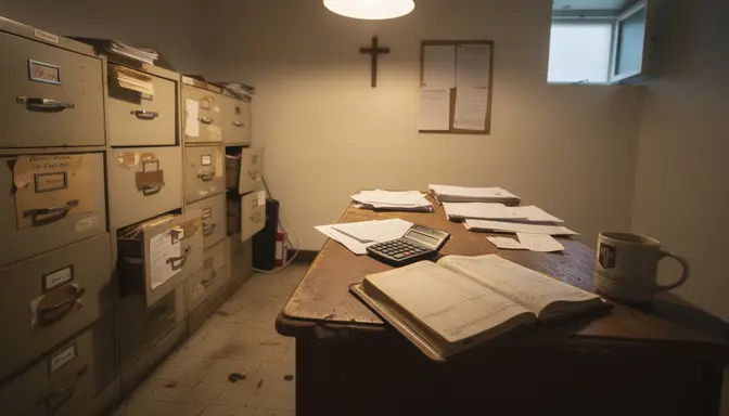 Dim church treasurer's office with open yellowed ledger and old filing cabinets