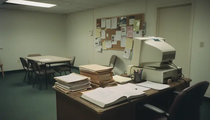 Cluttered church treasurer office with open ledger books and stacked file folders on desk