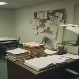 Cluttered church treasurer office with open ledger books and stacked file folders on desk