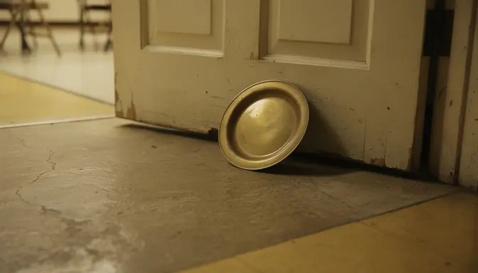 A brass offering plate used as a doorstop on a worn church fellowship hall floor