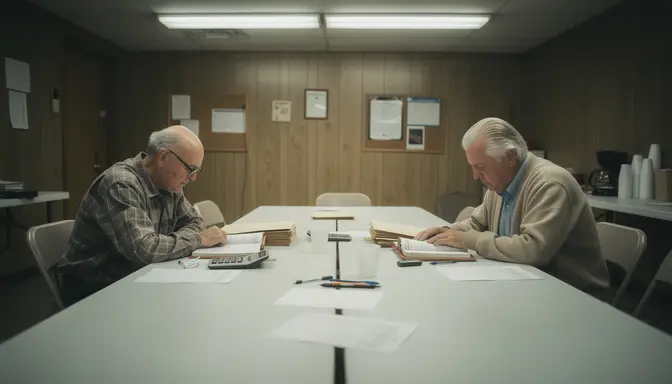 Two elderly men seated at opposite ends of a church fellowship hall table with separate ledgers and calculators