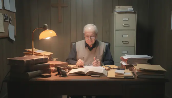 Older man at a cluttered church office desk surrounded by ledger books, reading glasses on nose, neutral careful expression