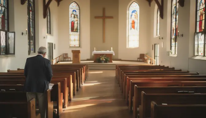 Empty church sanctuary with wooden pews and an usher standing near the entrance in warm morning light
