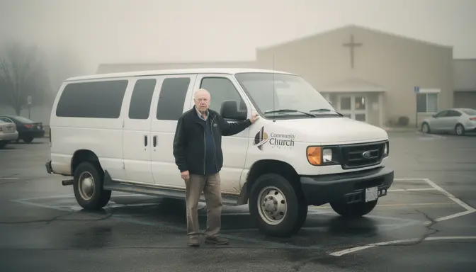 Older man standing beside a white 12-passenger van in an empty church parking lot at dawn