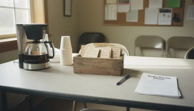 A church welcome card box sitting beside a coffee maker on a hospitality table