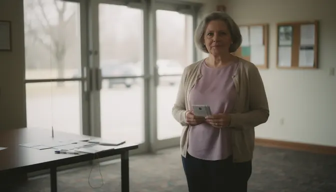 Woman standing at church foyer entrance holding visitor cards with a patient expression
