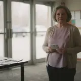 Woman standing at church foyer entrance holding visitor cards with a patient expression