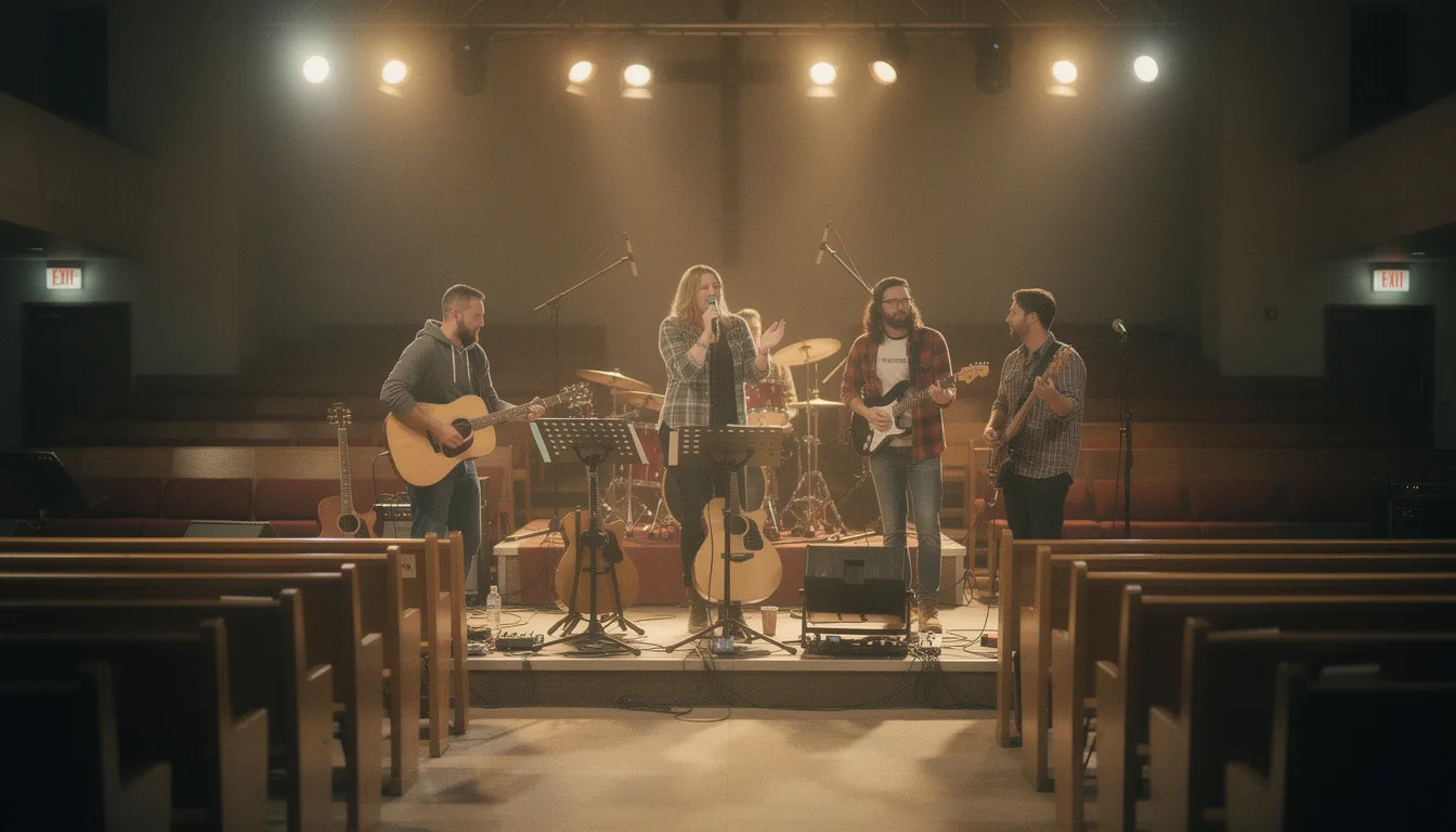 Worship band rehearsing late at night in an empty church sanctuary with stage lights on