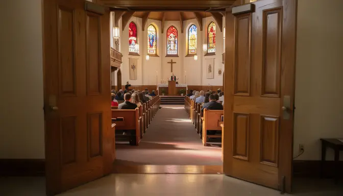 View through open church doors toward a distant pastor at the pulpit, warm stained glass light filling the sanctuary