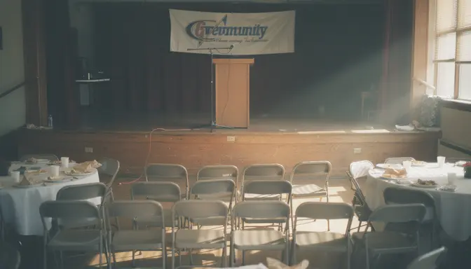 Empty podium on a community center stage with banquet tables and folding chairs in foreground