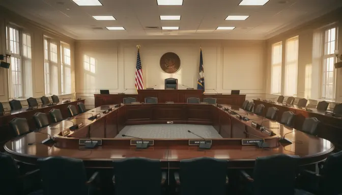 Empty congressional hearing room with wooden desks, American flags, and institutional overhead lighting