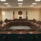 Empty congressional hearing room with wooden desks, American flags, and institutional overhead lighting
