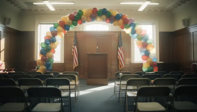 Empty podium with balloon arch in a congressional hearing room with American flags