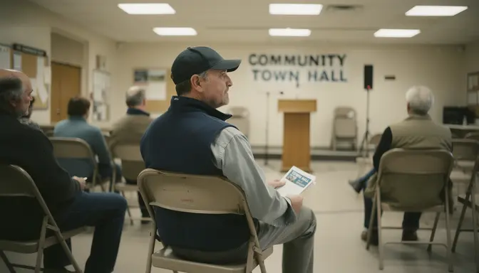 Man in baseball cap sitting among constituents in a fluorescent-lit community center meeting room