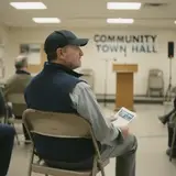 Man in baseball cap sitting among constituents in a fluorescent-lit community center meeting room