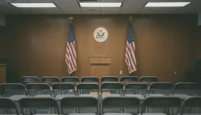 Empty congressional press conference room with podium and American flags under fluorescent lighting