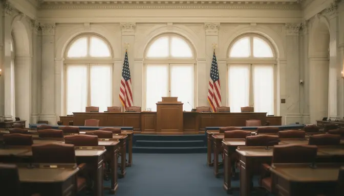 Empty congressional chamber with wooden desks, marble walls, and American flags flanking the podium