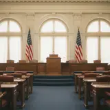Empty congressional chamber with wooden desks, marble walls, and American flags flanking the podium
