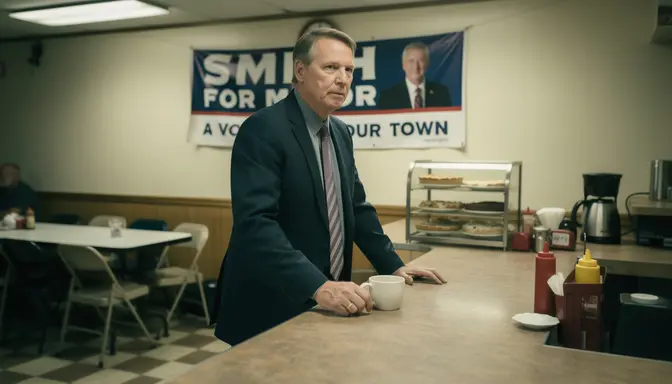 Politician standing stiffly at a small-town diner counter under fluorescent lights