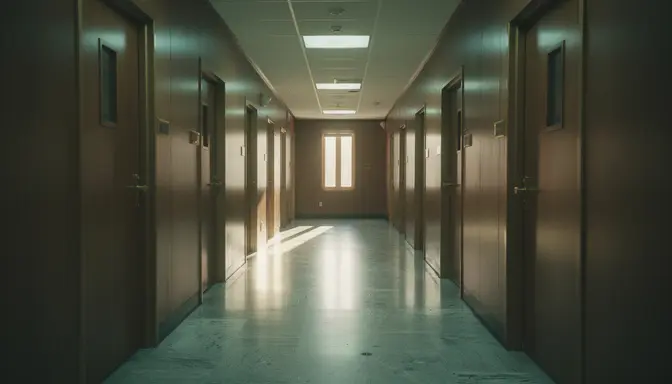 Empty congressional office hallway with wood-paneled walls and closed doors under fluorescent lighting