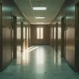 Empty congressional office hallway with wood-paneled walls and closed doors under fluorescent lighting