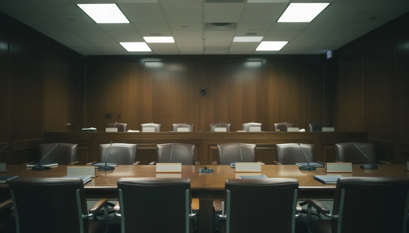 Empty congressional hearing room with vacant chairs and long mahogany table under fluorescent lights