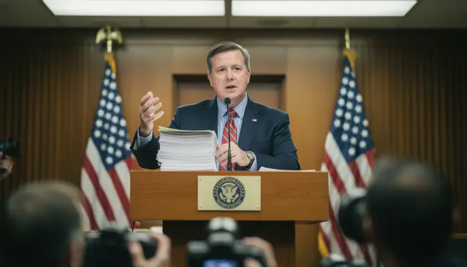 Politician gestures confidently at a government press room podium with a thick document in front of him