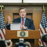 Politician gestures confidently at a government press room podium with a thick document in front of him