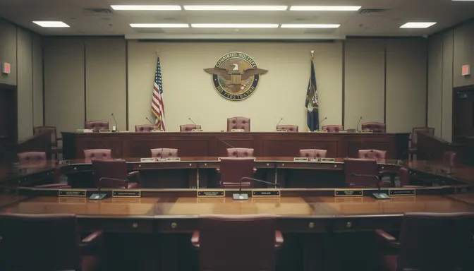 Empty congressional hearing room with long wooden desks, brass nameplates, and American flags