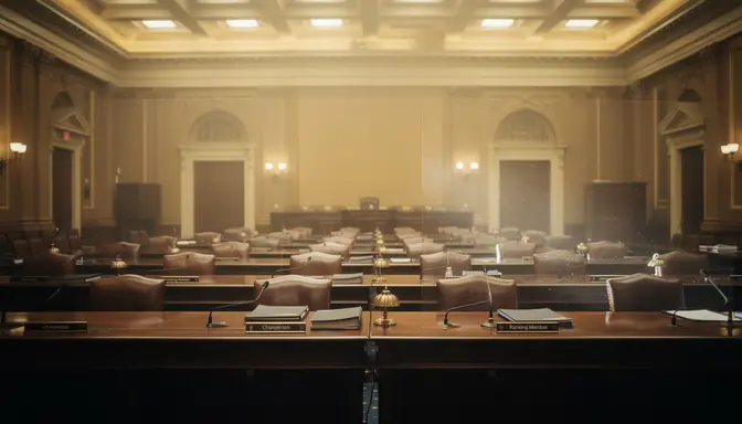Empty congressional hearing room with rows of wooden desks and leather chairs under warm institutional lighting