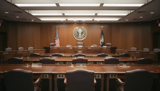 Empty congressional hearing room with leather chairs, mahogany desks, and American flags
