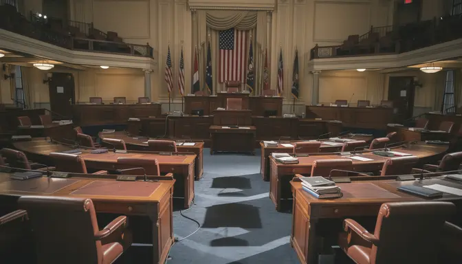 Empty congressional chamber seats in a grand legislative hall with overhead gallery lighting