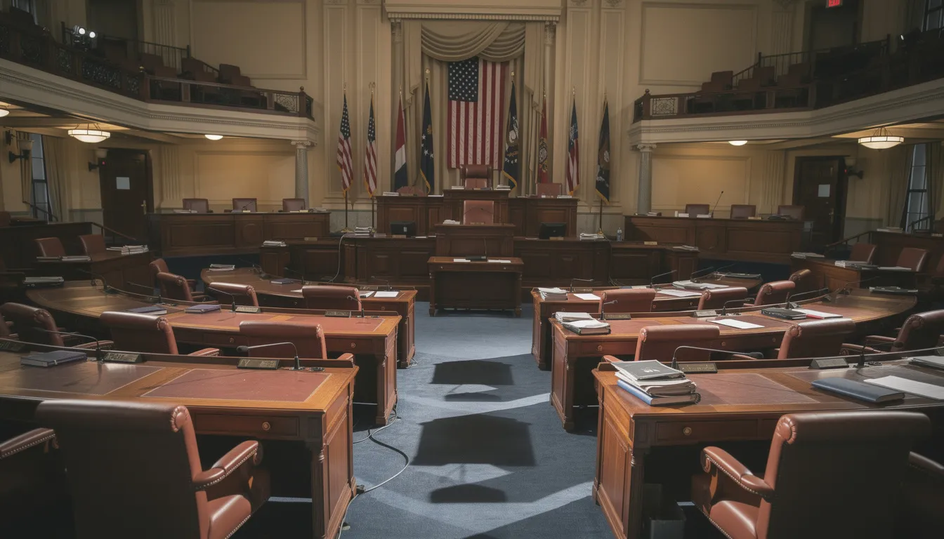 Empty congressional chamber seats in a grand legislative hall with overhead gallery lighting