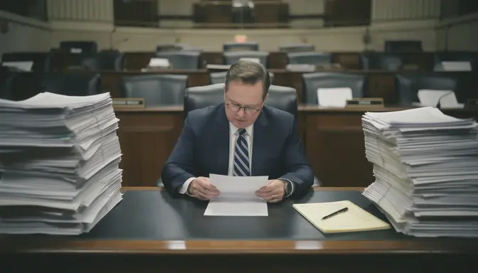 Congressman seated alone at legislative desk surrounded by tall stacks of printed documents