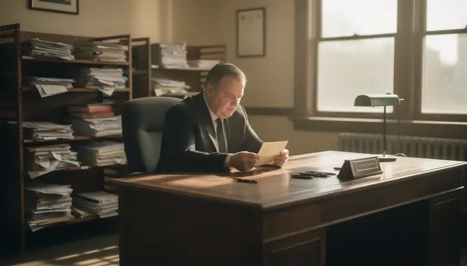 Congressman reading a handwritten letter at a large wooden desk in a government office