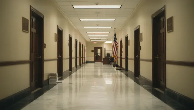 Empty congressional office hallway with marble floors and American flag in background