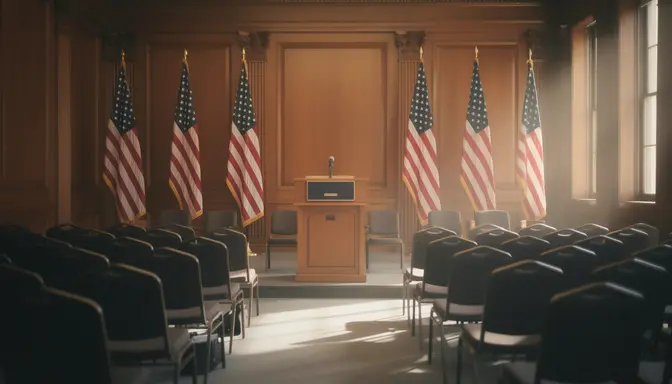 Empty congressional podium flanked by American flags in a formal wood-paneled hearing room
