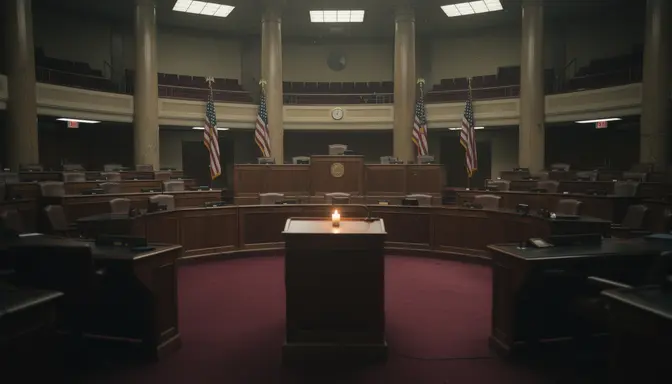 Empty congressional chamber with a lone candle on the podium and rows of empty desks
