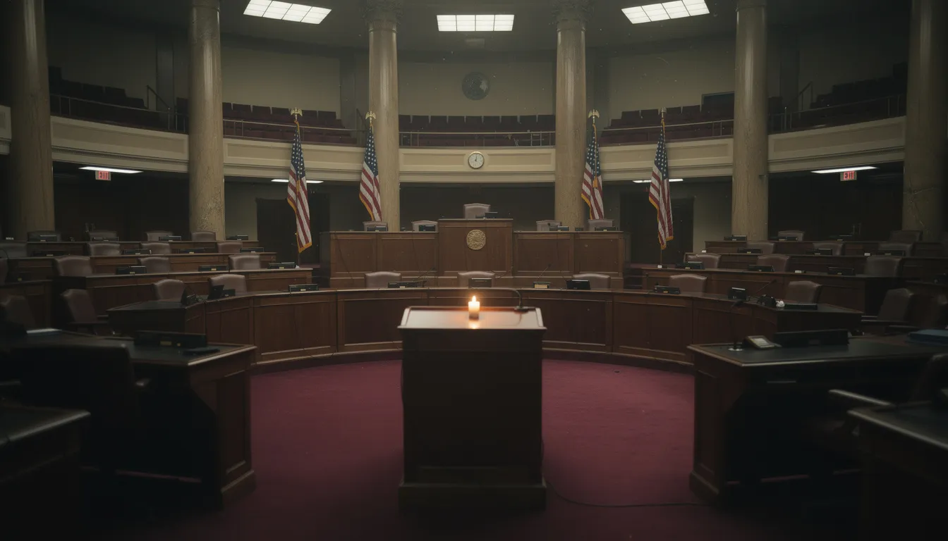Empty congressional chamber with a lone candle on the podium and rows of empty desks