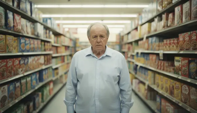 Older man standing frozen with uncertainty in a brightly lit grocery store aisle